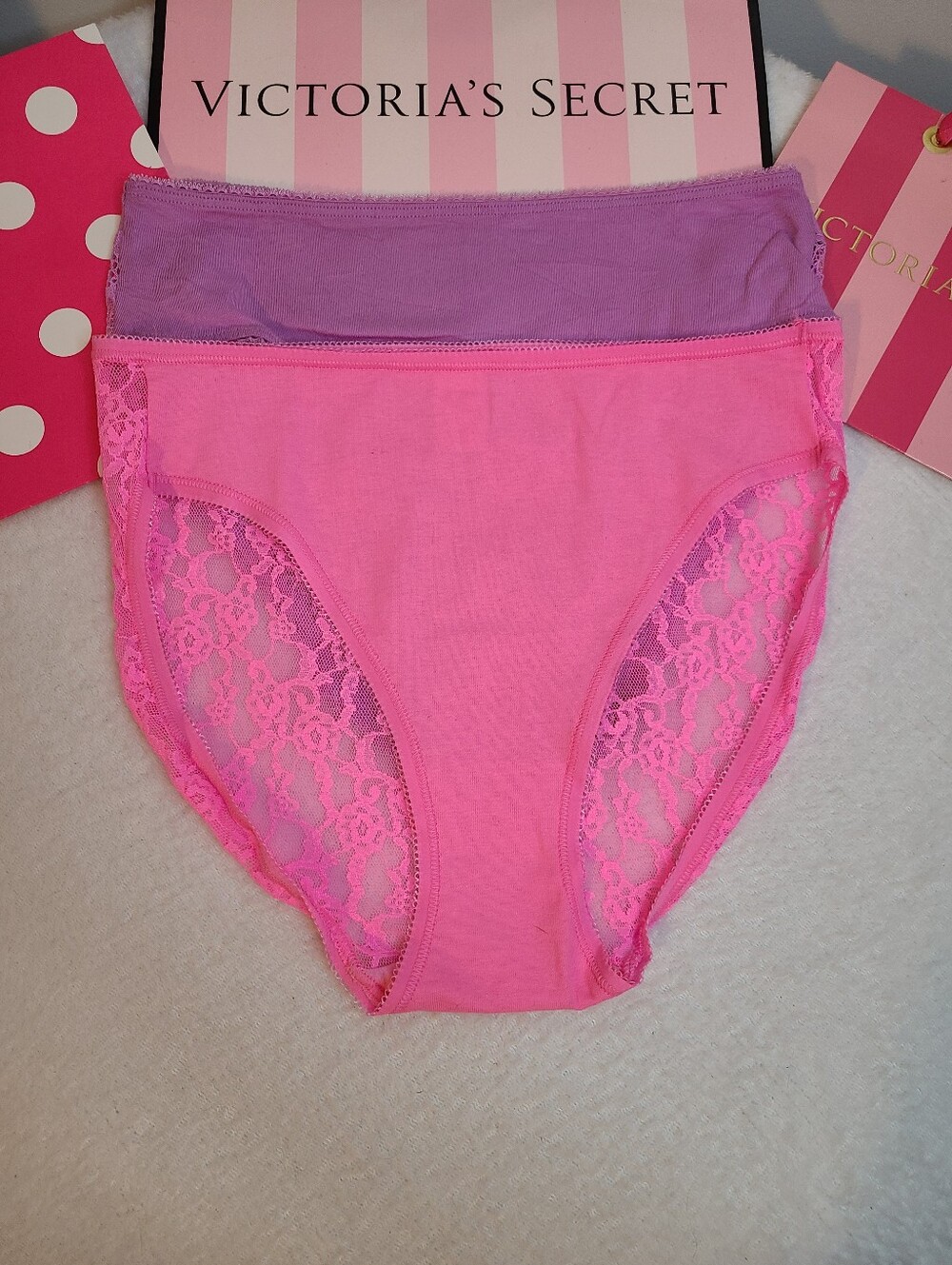 Retired Victoria's Secret 2pk Soft Cotton Lace High Leg Brief Panties Size Sm